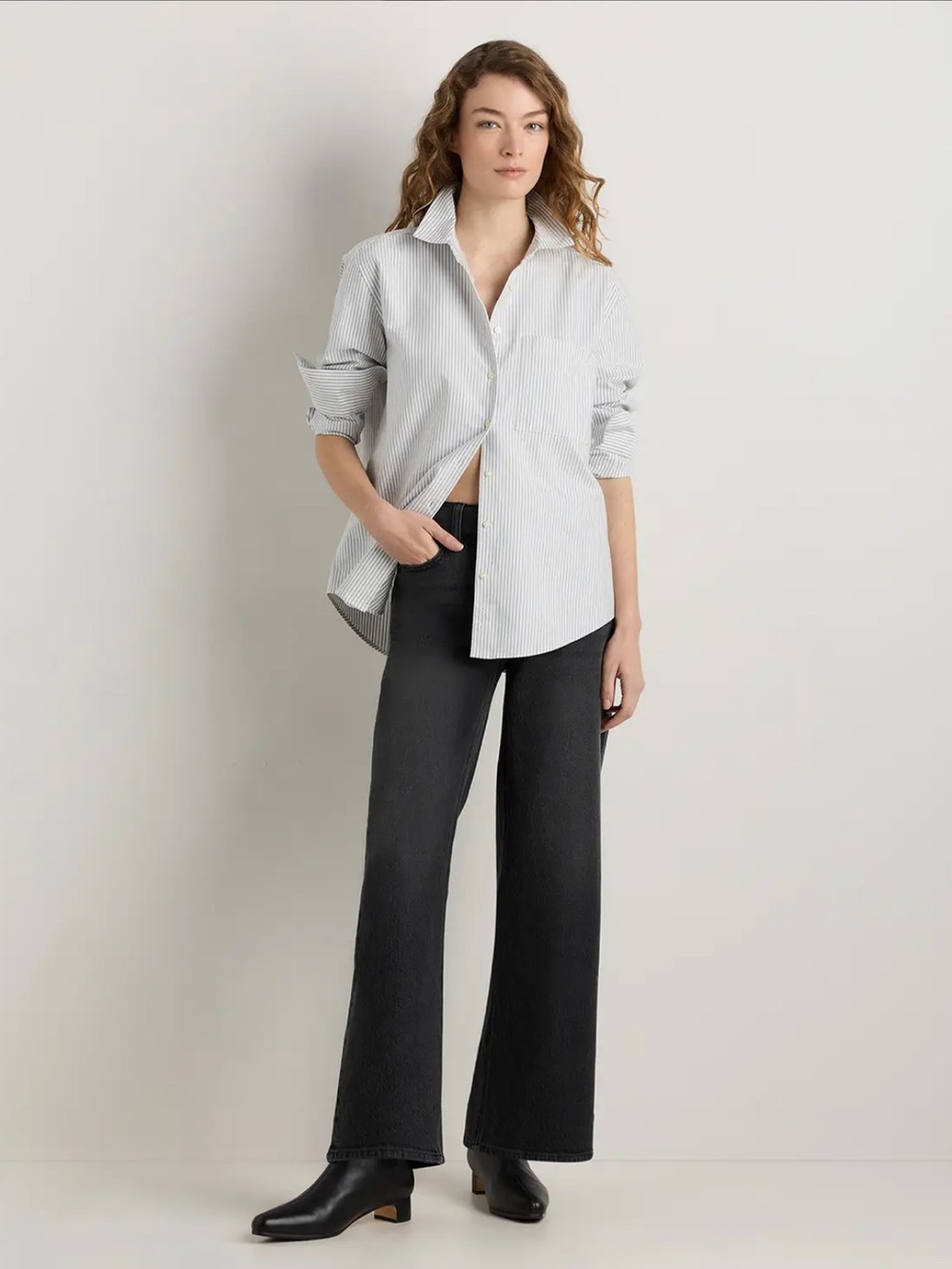 QUINCE Organic Cotton Relaxed Oxford Shirt - Black Midtown Stripe - L